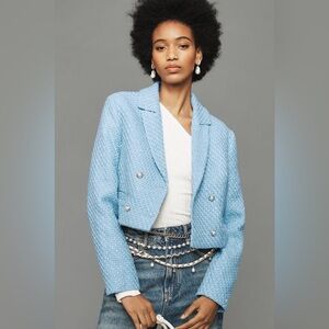 Maeve by Anthropologie Tweed Cropped Blazer Sky Blue Size Large Retails $148